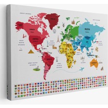  Türkçe Dünya Haritası Ülke Bayrak ve Başkentli Kanvas Tablo 1958