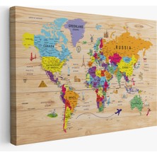  Ahşap Görünümlü Dünya Haritası Sembollü Eğitici ve Öğretici Dekoratif Kanvas Tablo 2904