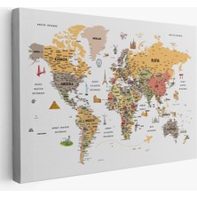  Türkçe Dünya Haritası  Ayrıntılı Eğitici-Öğretici ve Sembollü Dekoratif Kanvas Tablo 3200