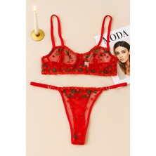 Kadın Kırmızı Şeffaf Kiraz Nakışlı Dantel Sütyen Külot Takımı - Ayarlanabilir Askılı