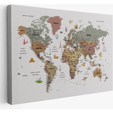  Türkçe Dünya Haritası Çok Detaylı Ünlü Yerler Sembollü Kanvas Tablo 1773