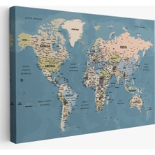  Türkçe Dünya Haritası Ayrıntılı Eğitici-Öğretici Okyanuslu Dekoratif Kanvas Tablo 2522