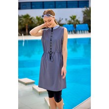 Füme Yarı Kapalı Mayo Gizli Fermuar, Belden Stoper, UPF50+ Koruma H2509