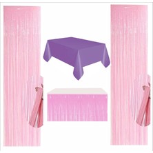 Zenviva Mor Masa Örtüsü, Pembe Masa Eteği ve 2 Pembe Arka Fon Seti 120x180 cm Çok Renkli
