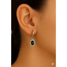 Pinkimaj Zümrüt Zirkon Oval Taşlı Gümüş Renk Çelik Küpe