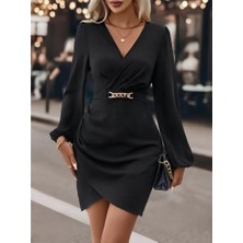 Arben Boutique Kadın Uzun Kollu Kruvaze Yaka Yandan Büzgülü Asimetrik Detaylı Ithal Krep Mini Elbise