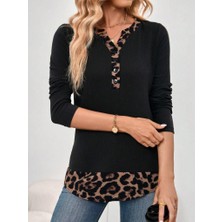Arben Boutique Kadın Uzun Kollu Yakadan Düğmeli Leopar Detaylı Kaşkorse Bluz