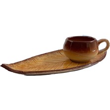 El Yapımı Dekoratif Ceviz Yaprağı Desenli Sonbahar Renkli Fincan Takımı