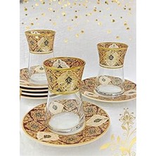 Altın Bordo Desenli Cam Porselen 6 Kişilik Çay Takımı, Şık ve Zarif Tasarım