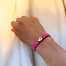 14 Ayar Plakalı Altın Leyla Ismine Özel Doğal Pembe Derili Taç Motifli Hediye BILEKLIK-642ISIM