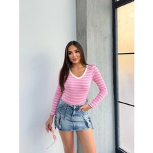 V Yaka Çizgili Bluz Pembe A3699