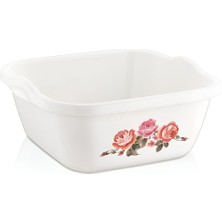 Çiçek Desenli Kare Plastik Kase, 6.4 Lt, Beyaz, 28 cm Çap, 13 cm Derinlik