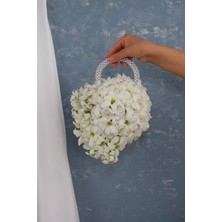 Natural Beyaz Papatyalı Tasarım Yuvarlak Çanta Gelin Çiçeği