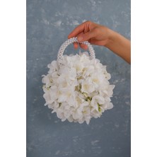 Beyaz Naturel Özel Tasarım Yuvarlak Çanta Gelin Buketi