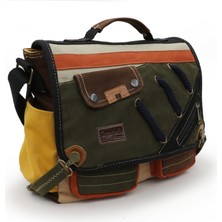 Cappadocia Vintage 4017 Haki Krem 14" Laptop Pamuk Gabardin Postacı Okul Çantası Unisex Kilitli Çok Cepli Omuz Askılı