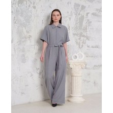 Kuşaklı Gömlek Yaka Salaş Tulum Gri S255822