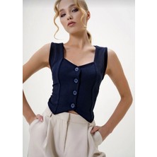 Krep Kumaş Düğmeli Yelek Lacivert S3395