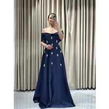 Lacivert Saten Straplez Önü Taşlı Elbise 2284