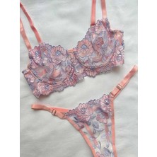 Pudra Çiçek Desenli Brode Sütyen Takımı