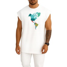 Oversize Amerika Kıtası Haritası Göğüs Tasarımlı Atlet