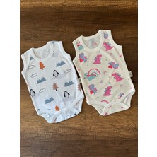2 Adet Kolsuz Bebek Badi Body Zıbın Alttan Çıtçıtlı Bisiklet Yaka Yenidoğan Penguen ve Dinazor Desen