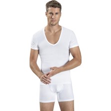 Jiber Erkek 4'lü Beyaz Likralı Derin V Yaka Yarım Kol Atlet