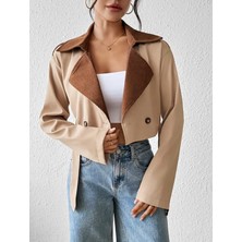 Kadın Çift Renk Detaylı Kemerli Kısa Trençkot