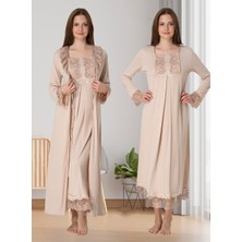 Dvina Effortt Lohusa Sabahlıklı Gecelik Takımı Bej - 3041