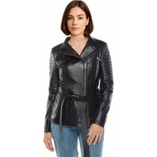 Derije Perla Hakiki Deri Kadın Siyah Ceket-Mont