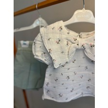 Kız Çocuk Muslin Kumaş Bluz ve Şort Etekli Alt Üst Takım