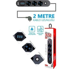 Akım Korumalı Priz Uzatma Kablosu 2x USB 3lü 2 M Metre Çocuk Akım Korumalı Priz Ftr-01
