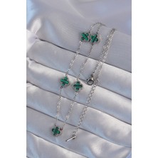 316L Çelik Gümüş Renk Minimal Yeşil Mineli Yonca Kolye - Bamido