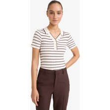 DeFacto Fitted Polo Yaka Çizgili Kısa Kollu Triko Kazak G0471AX25AU