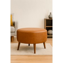 Azra Mobilya Büyük Yuvarlak Puf - Deri Kumaş - Ahşap Ayak - Taba