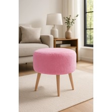 Azra Mobilya - Yuvarlak Puf - Welsoft Yumuşak Kumaş - Ahşap Ayak - Pembe