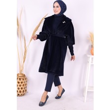 Bel Kuşaklı Yaka Taş Broş Detaylı Kaban 7874 Lacivert