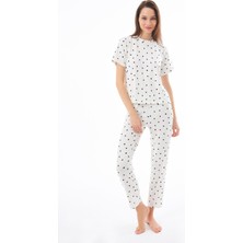 Cottonhill Beauty Premium Kadın Pijama Takımı Krem Kalp Desenli Yumuşak Dokulu Kısa Kollu Bisiklet Yaka
