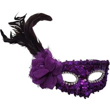 Mor Renk Pullu Güllü Tüylü Wedding Maskesi Lastikli Balo Mask 1 Adet Bride