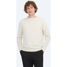 Kip Bej Bisiklet Yaka Düz Örgü Yün Karışımlı Triko Kazak