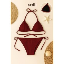 İmoda Kadın Bordo Yandan ve Boyundan Bağlamalı Bikini Mayo Takımı Krep Kumaş ve Açık Arka Tasarım