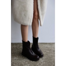 Lundy Hakiki Deri Fermuar Detaylı Kadın Bot-Kahverengi