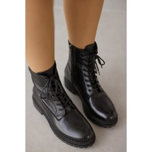 Pablo Hakiki Deri Bağcıklı Kadın Bot - Siyah