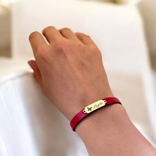 14 Ayar Plakalı Altın Leyla Ismine Özel Kırmızı Derili Kelebek Motifli Hediye BILEKLIK-652ISIM