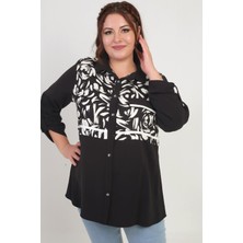 Kadın Kol Katlamalı Fırça Desenli Cep Kapaklı Büyük Beden Gömlek