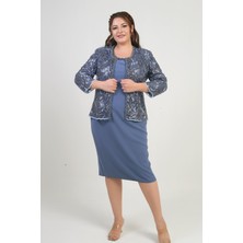 Kadın Pul Işlemeli Boncuk Detaylı Tül Ceket Yarım Ay Kollu Kısa Elbise Astarlı Krep Büyük Beden 2'li Takım