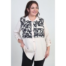 Kadın Kol Katlamalı Fırça Desenli Cep Kapaklı Büyük Beden Gömlek