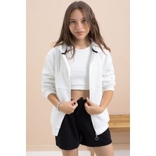 Cansın Mini Beyaz Kız Çocuk Kapüşonlu Hırka 21520 Uzun Kol Pamuklu Baskılı Orta Kalınlık