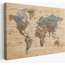  Ahşap Görünümlü Dünya Haritası Ayrıntılı ve Dekoratif Kanvas Tablo 1813