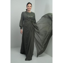 Kadın Üstü Pul-Boncuk Işlemeli Astarlı Beli Çiçekli Büyük Beden Uzun Şifon Elbise