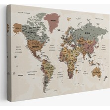  Türkçe Dünya Haritası Ayrıntılı Eğitici-Öğretici Okyanuslu Dekoratif Kanvas Tablo 2550